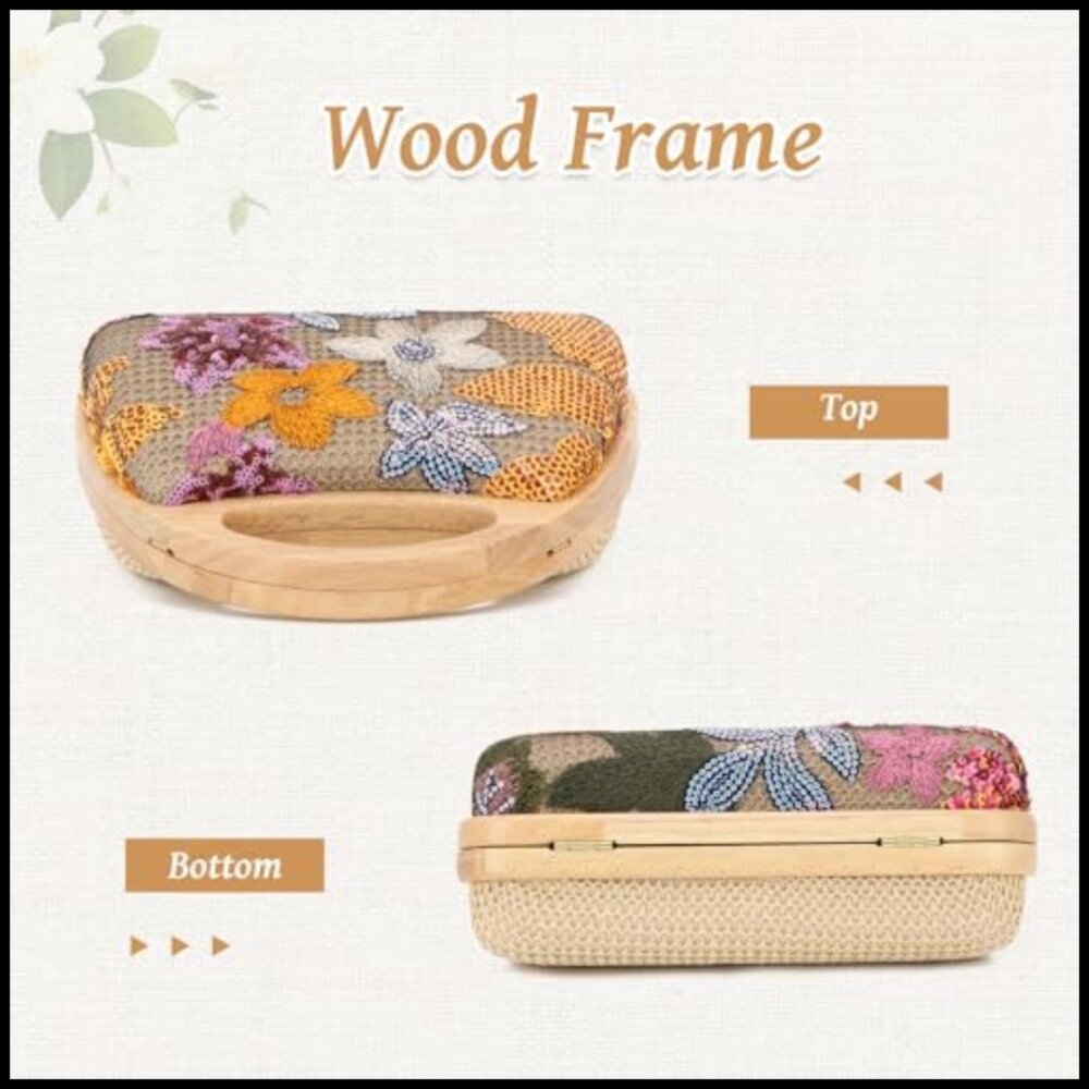 Floral Embroidery Sequin Clutch Evening Bag Elegant Formal Party Wood Handle - Picture 5 of 7